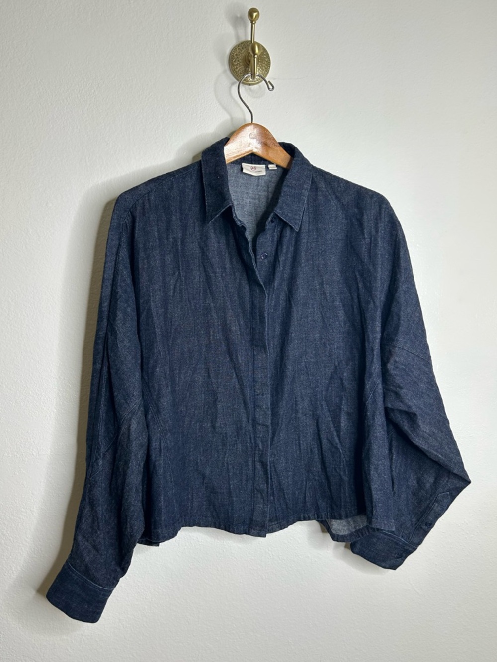 AG 100% Cotton Dark Wash Boxy Oversized Cropped Long Sleeve Denim Top
